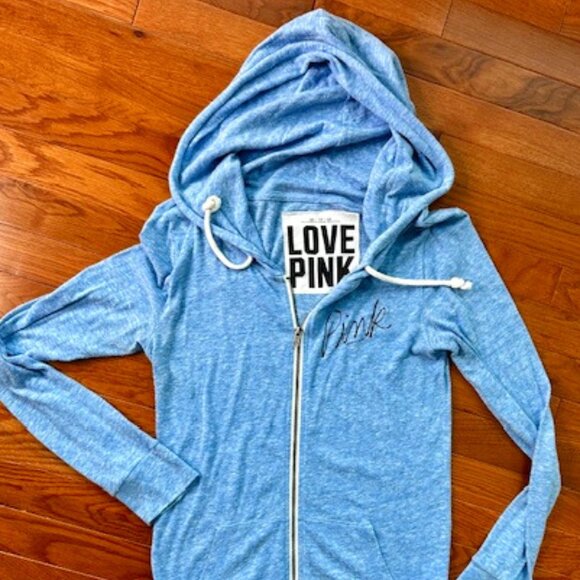 Retired 2009 Love Pink Lightweight Zip Up Hoodie Cotton Blend Pale Blue Blue XS - Picture 2 of 4